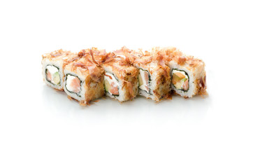 sushi, rolls, poppies on white background with reflection isolated, with tuna chips, Bonito salmon