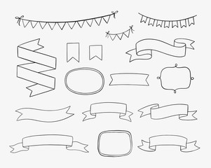 Set of hand drawn design elements. Vintage vector doodle banners, ribbons, frames, bunting banners in cartoon style. Wedding invitations, greeting cards, posters and other. © mgdrachal