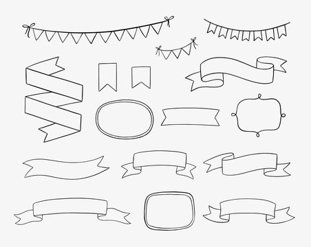 Set of hand drawn design elements. Vintage vector doodle banners, ribbons, frames, bunting banners in cartoon style. Wedding invitations, greeting cards, posters and other.