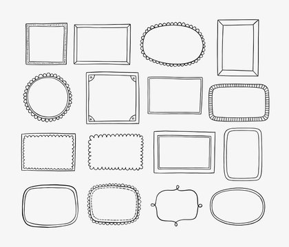 Hand drawn frames and labels set. Doodle vector design elements. Cartoon style.