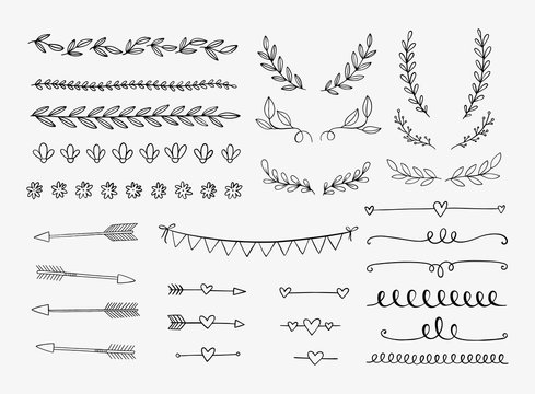 Vector dividers, laurels, swirls and arrows. Hand drawn doodle design elements. Borders and lines isolated.