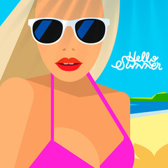 Hello Summer poster, portrait of hot girl on a beach in pink bikini and sunglasses, vector illustration