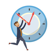 Exhausted businessman with sad emotion trying to stop clock hand. Overwork, stress deadline and time management concept. Vector flat illustration