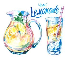Jug and glass with lemonad - obrazy, fototapety, plakaty