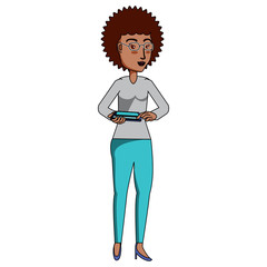 cartoon woman using a cellphone over white background, colorful design. vector illustration