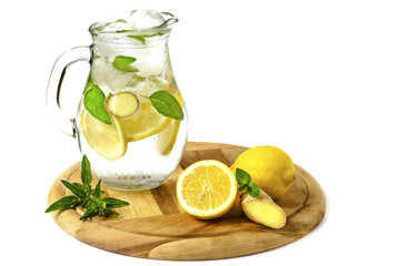 lemonade with mint and ginger with ice on a white background