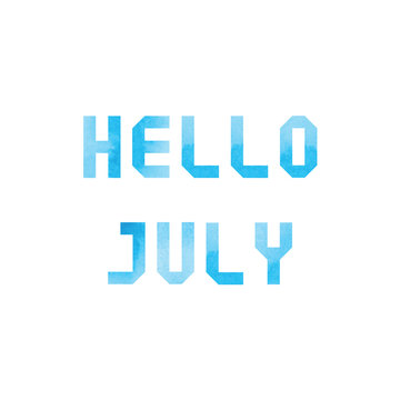 Hello July card with blue watercolor