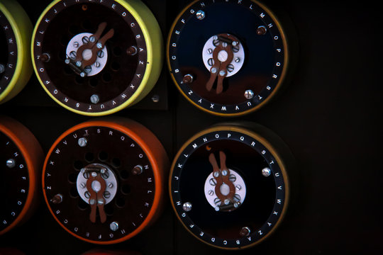 Close up of rotary dials on the front of the British military's Bombe machine, used to decode German Enigma machine encoded messages during world war 2