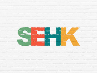 Stock market indexes concept: Painted multicolor text SEHK on White Brick wall background