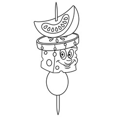 Coloring page. Coloring book. Canape with vegetables. Happy Food concept. Cartoon design for t-shirt print, icon, logo, label, patch, sticker.