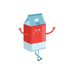 Cartoon character of carton box with milk or juice standing with stretching arms asking to come up hug isolated on white background. Cute paper container with funny face vector illustration.