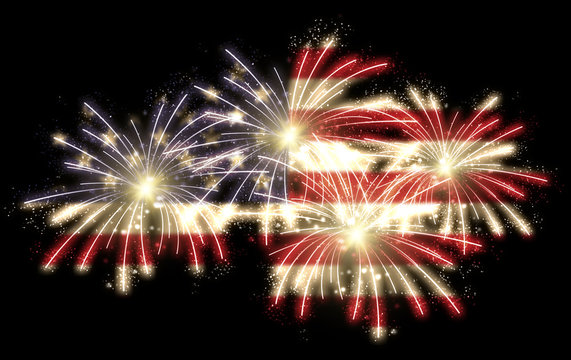 4th of july fireworks with american flag overlay on black background, horizontal version
