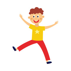 Kid boy dancing, jumping and having fun isolated on white background. Flat cartoon vector illustration of cute male child character in bright clothes with playful and joyful emotions.