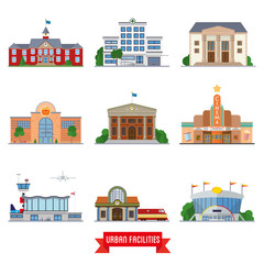 Urban facilities and public buildings vector icon set - obrazy, fototapety, plakaty