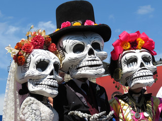 Dia de los Muertos, Day of the Dead. Participants of the Mexican holiday in death masks