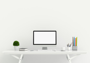 Computer display for mockup on table in white room, 3D rendering