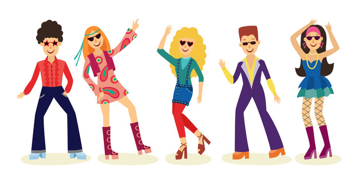 People dancing disco set with men and women in fashion clothes 70s isolated on white background. Vector illustration collection of night club or party dancers in retro style.