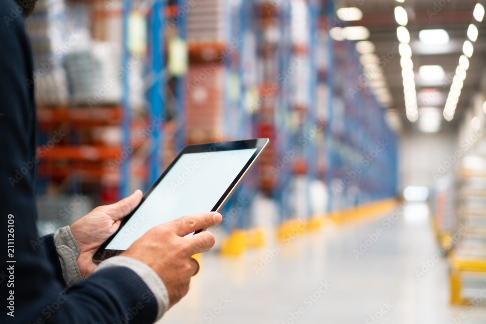 Wall mural manager in warehouse holding digital tablet