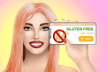 Concept gluten free diet food. Drawn cute girl on bright background. Illustration