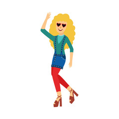 Retro disco dancer - cute flat cartoon character of adorable young woman in fashion clothes 70s isolated on white background. Vector illustration of girl with curly hair at party or discotheque.