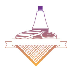 picnic emblem with meat steak and sauce bottle over white background, vector illustration