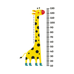 Giraffe cartoon character with long neck in boots standing next to scale from 10 to 130 centimeter isolated on white background. Wall height meter with cute smiling african animal. Vector illustration