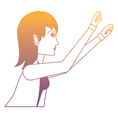 Cartoon businesswoman with arms up over white background, vector illustration