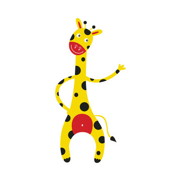Giraffe cartoon character stands smiling and pointing with hand to something isolated on white background. Cute comic yellow african animal with spots, vector illustration.