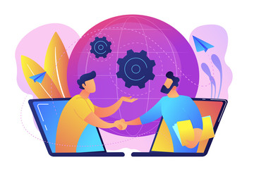 Businessmen shaking hands through laptop screens as online business, conference, meeting, network, deal, negotiations, agreement concept, violet palette. Vector illustration on white background.