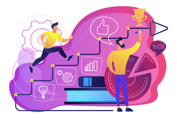 A man running up to the hand drawn stairs as a concept of coaching, business training, goal achievment, success, progress, carreer ladder, violet palette. Vector illustration on white background.