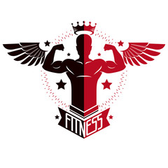 Sport logo for weightlifting gym and fitness club, retro style vector emblem with wings. With bodybuilder silhouette.