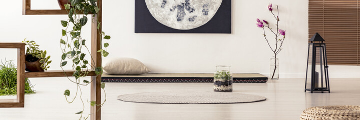 Poster above futon in peaceful apartment interior with plants and round rug on the floor. Real photo