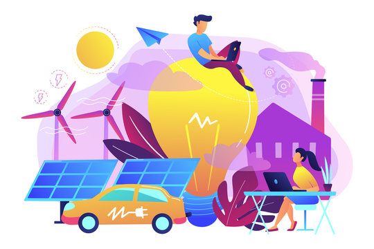 People around huge lamp analyzing power data. Renewable energy, power saving, smart grid energy, system modelling, IoT and smart city concept, violet palette. Vector illustration on white background.