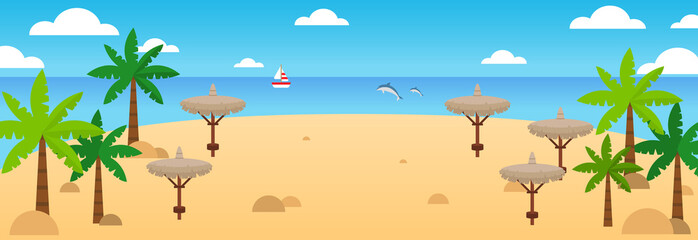 Fototapeta na wymiar Summer beach background. Vector summer travel banner with waves, palm, straw umbrellas, sail ship, dolphins, clouds. Tropical beach background. Sea panorama for web, banner, poster, cards. Vector