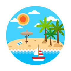 Travel concept. Summer holiday on sand beach. Vector summer travel banner with waves, palm, straw umbrellas, sail ship, clouds. Tropical beach background for web, banner, poster, cards. Vector
