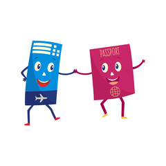 Air ticket and passport cartoon characters dancing together with happy face emotions isolated on white background. Vector illustration of ready for traveling documents.