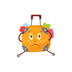 Cute travel bag, suitcase character with arms, legs and face emotion. Funny male luggage character with sad unhappy face crying. Tourism, adventure and vacation symbol. Vector flat illustration