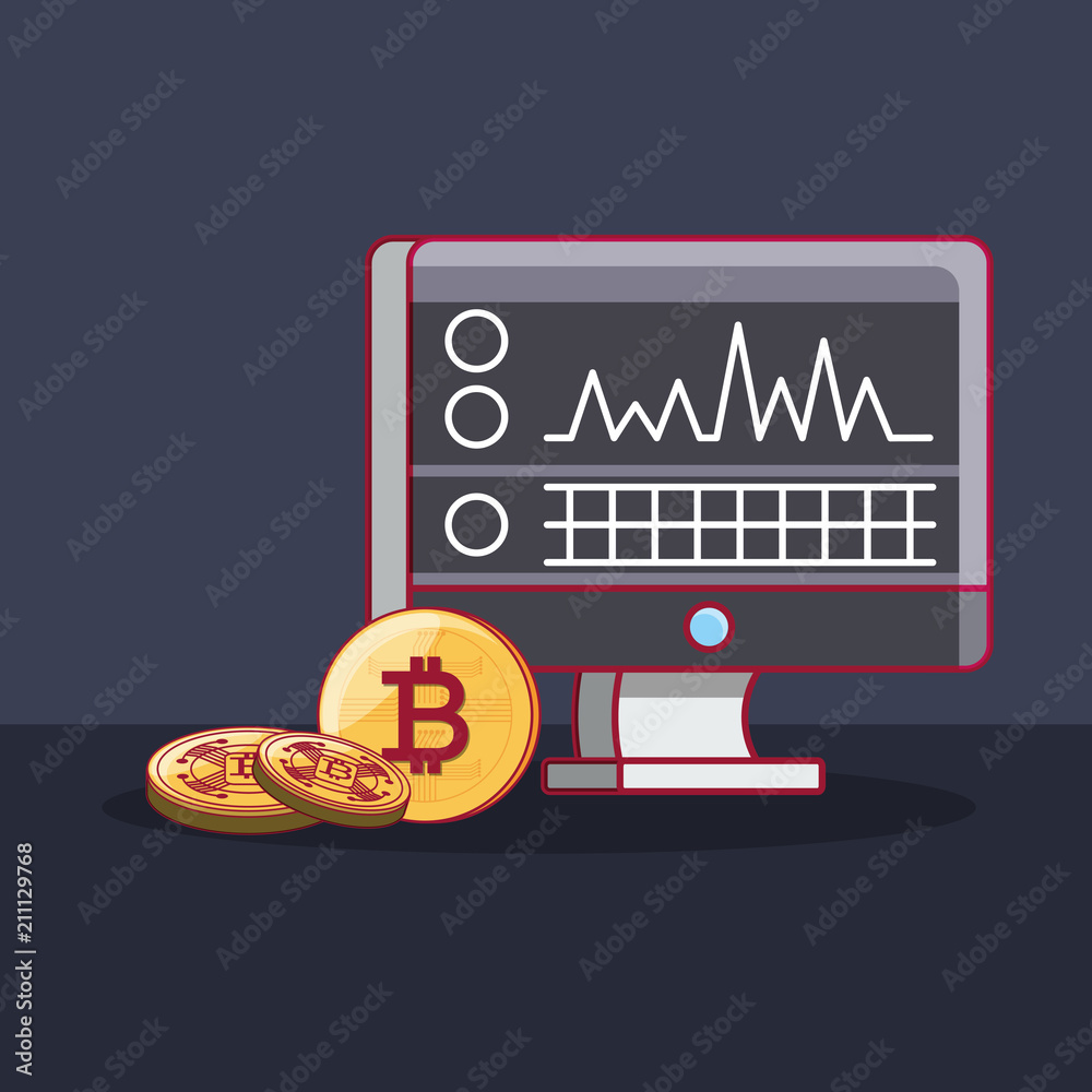 Sticker computer with stock market on screen and bitcoin coins over black background, colorful design. vector illustration