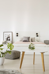 Plant next to white table in bedroom interior with copy space above bed and poster. Real photo