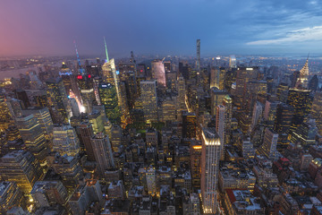 Night view of New York City as seen from the Rockefeller Center Observation Deck. New York City, USA.