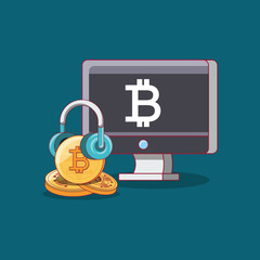 computer with bitcoin symbol on screen and bitcoin coin over blue background, colorful design. vector illustration
