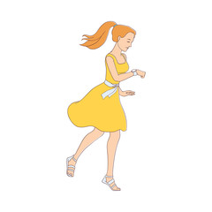 Late young pretty woman hurrying up looking at watches. Hand drawn beautiful girl in yellow dress going to meeting. Female character in flat style. Vector illustration isolated