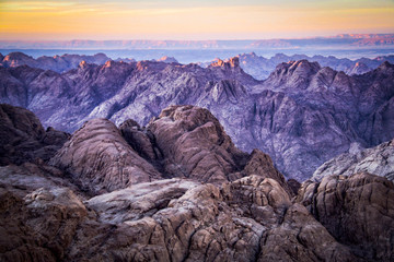 Sunset from the summit of Mt Sinai in the St Catherine area of Egypt - obrazy, fototapety, plakaty