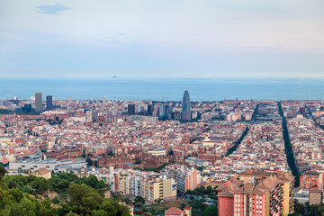 Barcelona, Spain. Panoramic view of the city towards the sea from the hill.