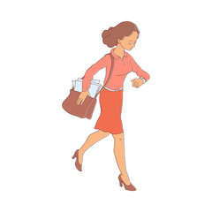 Late business woman hurrying up looking at watches holding bag. Hand drawn adult girl in red skirt blouse going to meeting, work. Female office character flat style. Vector illustration isolated