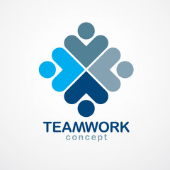 Teamwork businessman unity and cooperation concept created with simple geometric elements as a people crew. Vector icon or logo. Friendship dream team, united crew blue design.