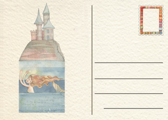 Hand drawn back postcard with archimandrite :byzantine priest, watercolor illustration