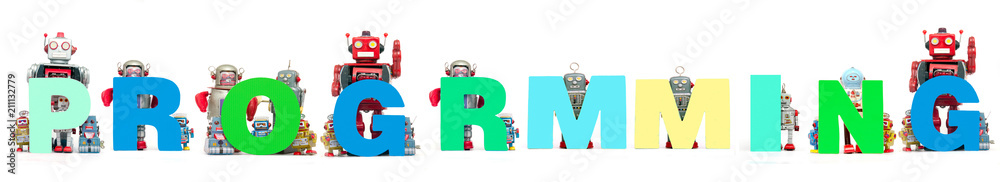Wall mural retro tin robot toys hold up the word programming s