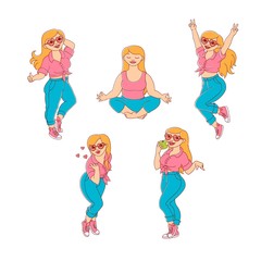 plump obese girl having fun set. Sketch style cute female characters in jeans, pink skirt doing yoga, dancing blow air kiss, eat apple. Vector adult blonde overweight women collection