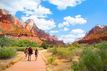 Family on hiking trip in the mountains walking on pathway. Zion National Park, Utah, USA - obrazy, fototapety, plakaty